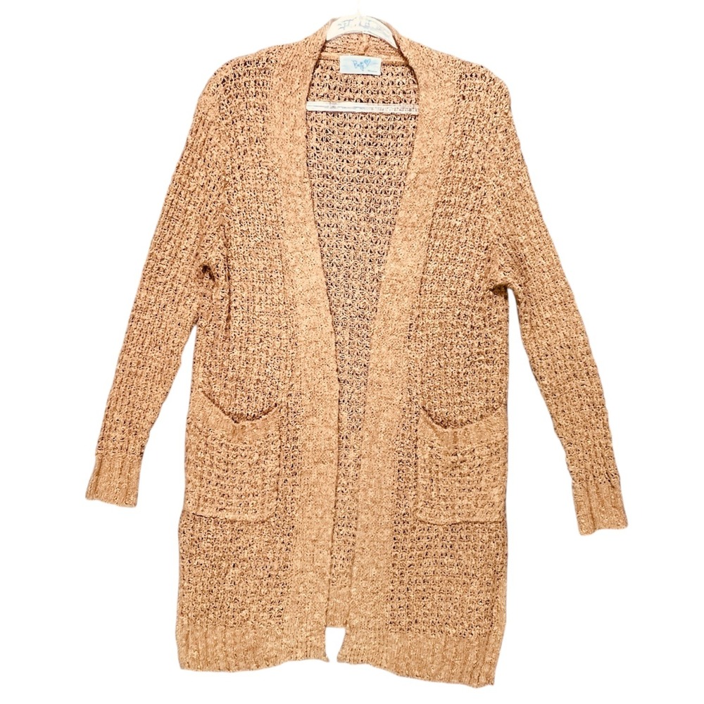Boutique Open Popcorn Knit Long Cardigan Sweater Pocket Duster Sz M Cozy Soft